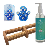 Pursonic Relaxation Gift Bundle: Palm Shaped Massage Glove, Wooden Foot Massager, and Fractionated Coconut Oil